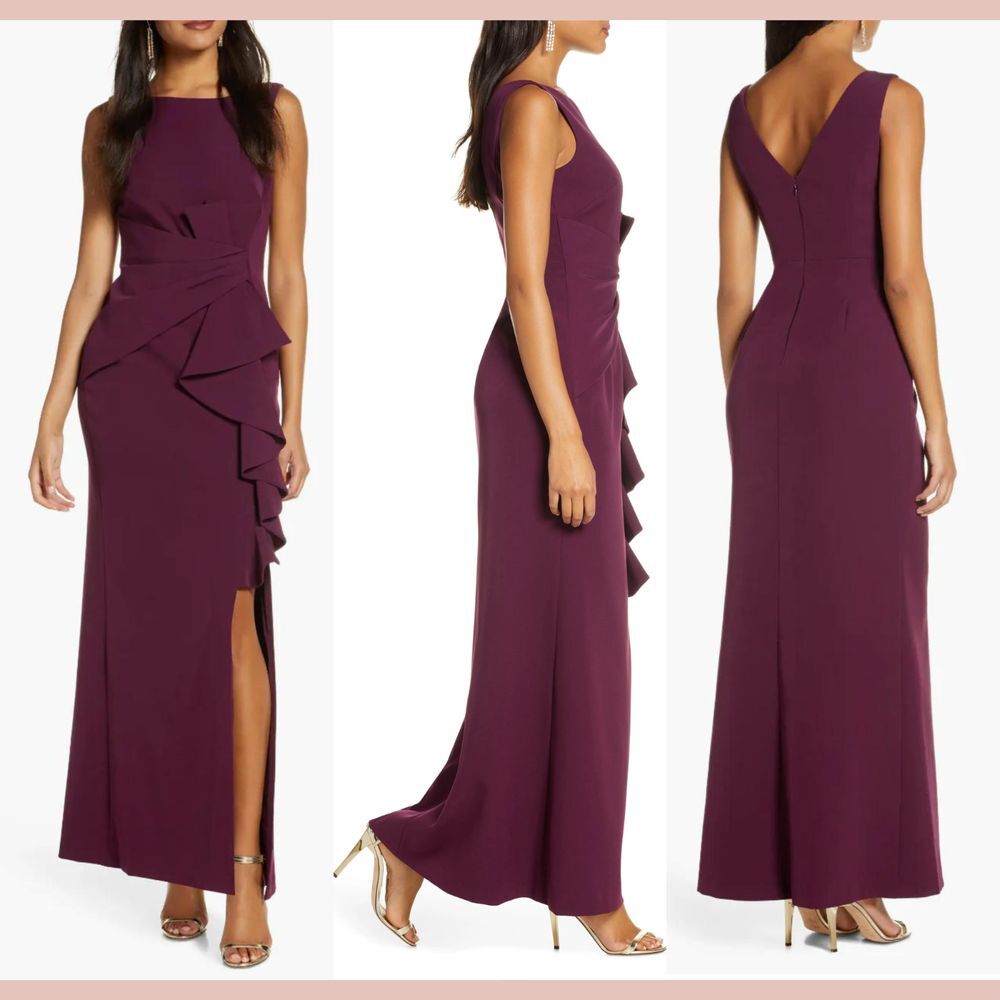 EUC $188 Eliza‎ J [ 6 ] Sleeveless Cascading Ruffle Front Gown #Q985